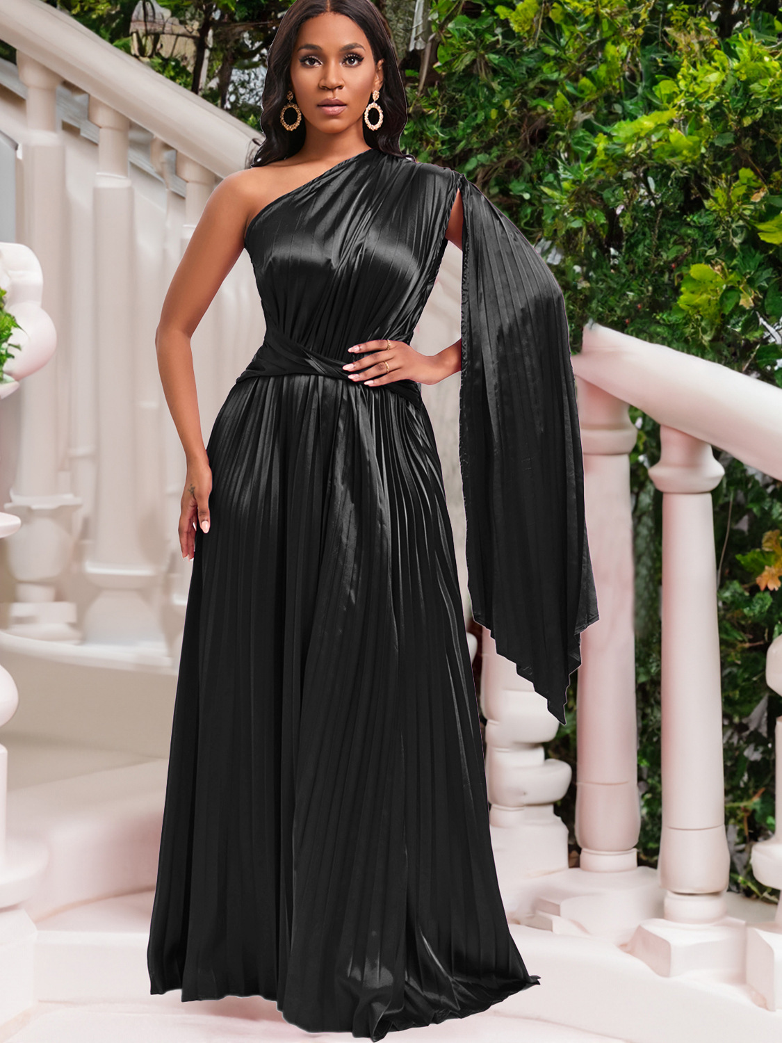 One-Shoulder Pleated Dress With Off-Shoulder Neckline And Waist