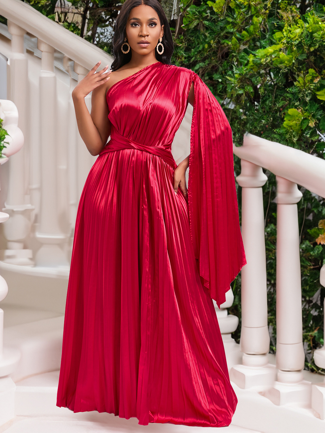 One-Shoulder Pleated Dress With Off-Shoulder Neckline And Waist