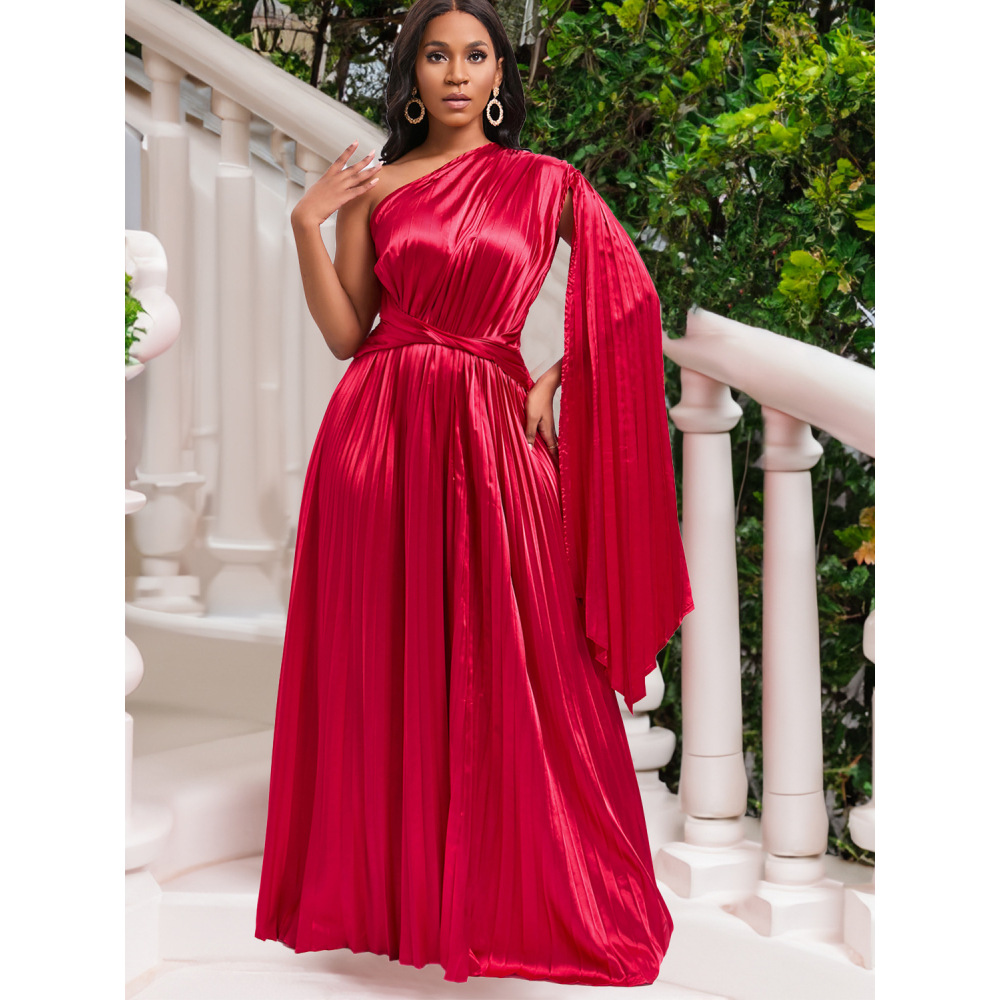 One-Shoulder Pleated Dress With Off-Shoulder Neckline And Waist