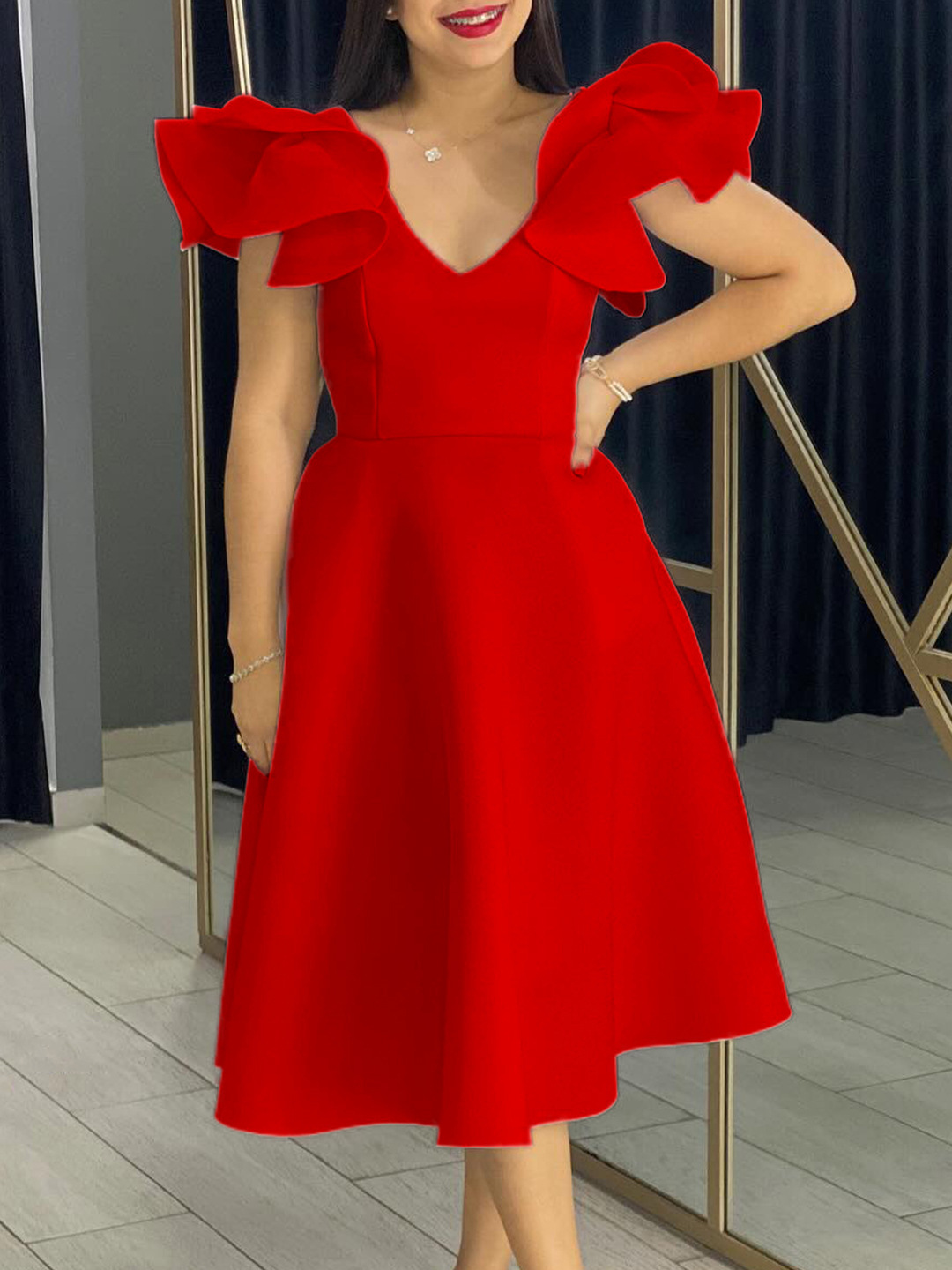 Ruffle High Waist A-Line Banquet Party Dress