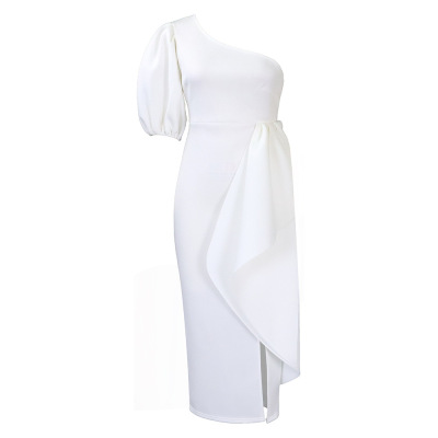 Slanted Collar Slit Ruffled Dress Sexy Dress 01
