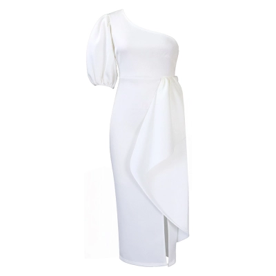 Slanted Collar Slit Ruffled Dress Sexy Dress 01