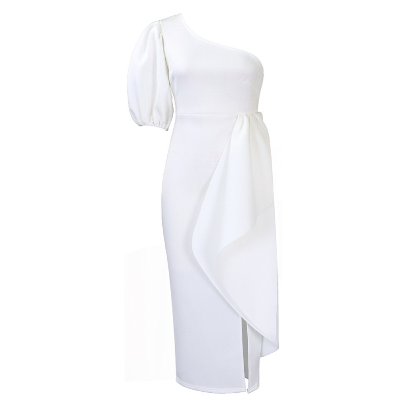 Slanted Collar Slit Ruffled Dress Sexy Dress