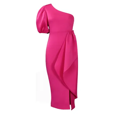 Slanted Collar Slit Ruffled Dress Sexy Dress 02