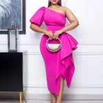 Slanted Collar Slit Ruffled Dress Sexy Dress