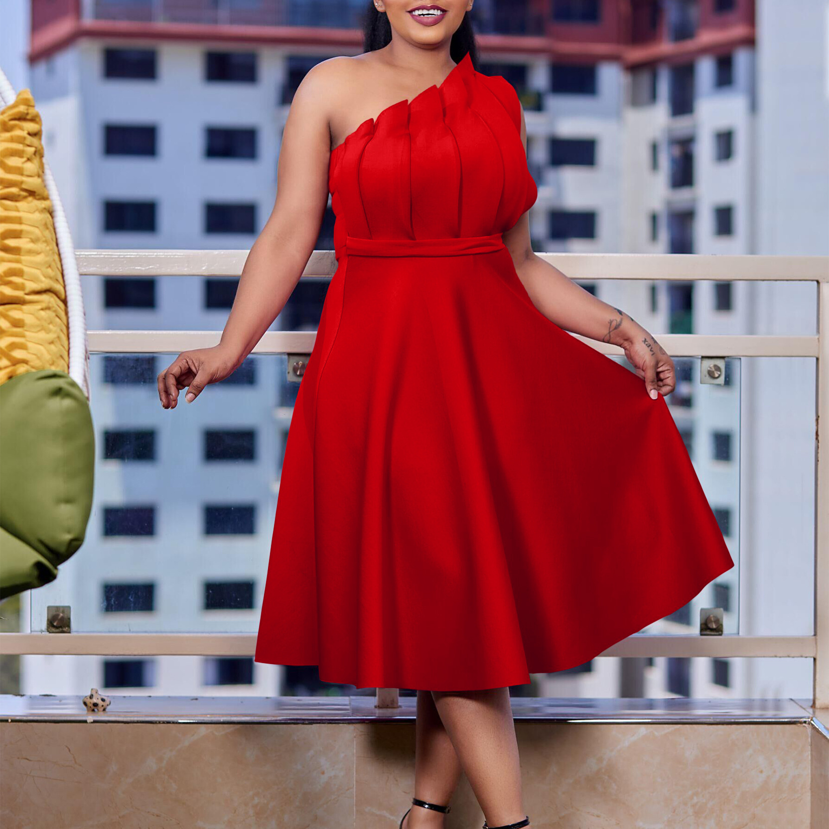 Solid Color Sexy High Waist Pleated Off Shoulder Banquet Dress