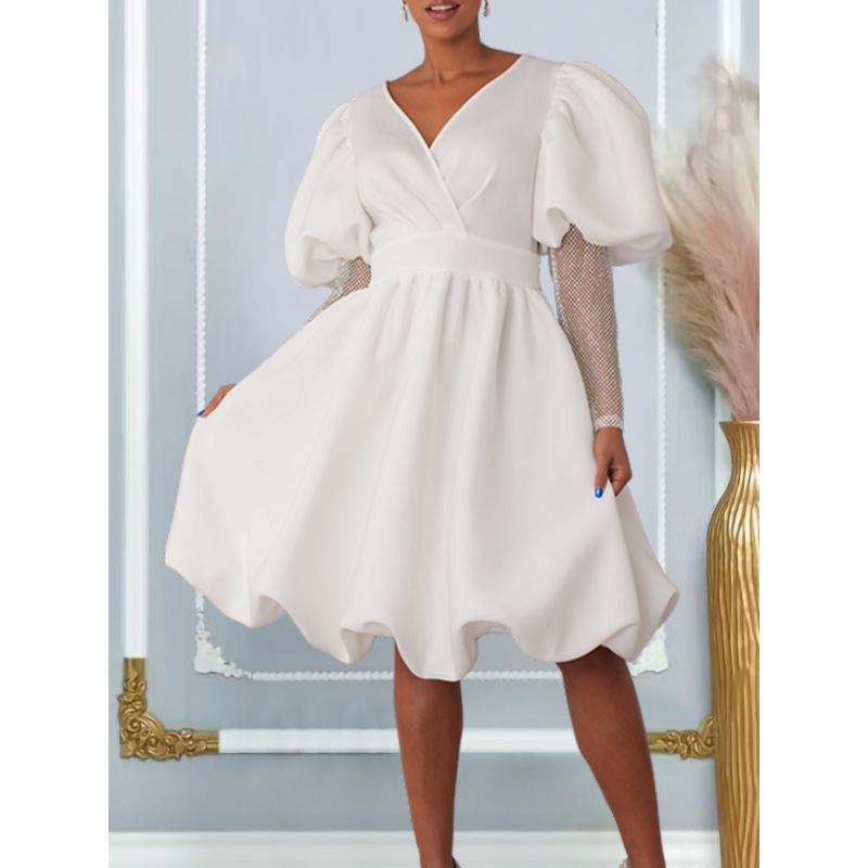V-Neck Big Puff Sleeves Banquet Dress Bridesmaid Dress