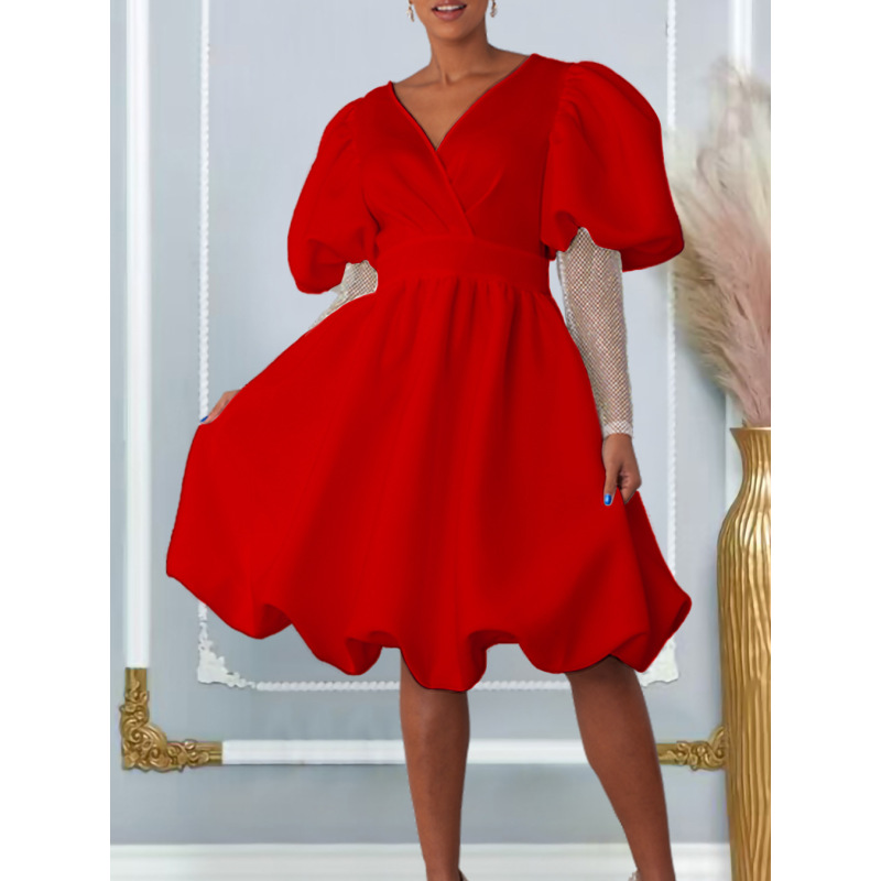 V-Neck Big Puff Sleeves Banquet Dress Bridesmaid Dress