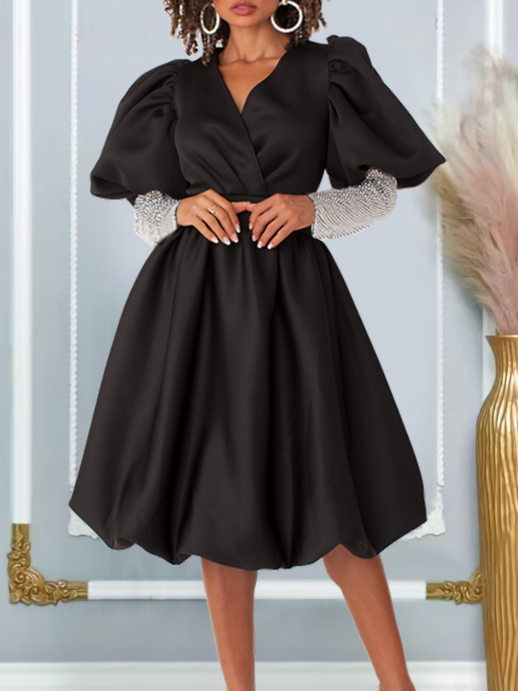 V-Neck Big Puff Sleeves Banquet Dress Bridesmaid Dress