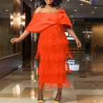V-Neck Off-Shoulder Fringe Party Banquet Dress