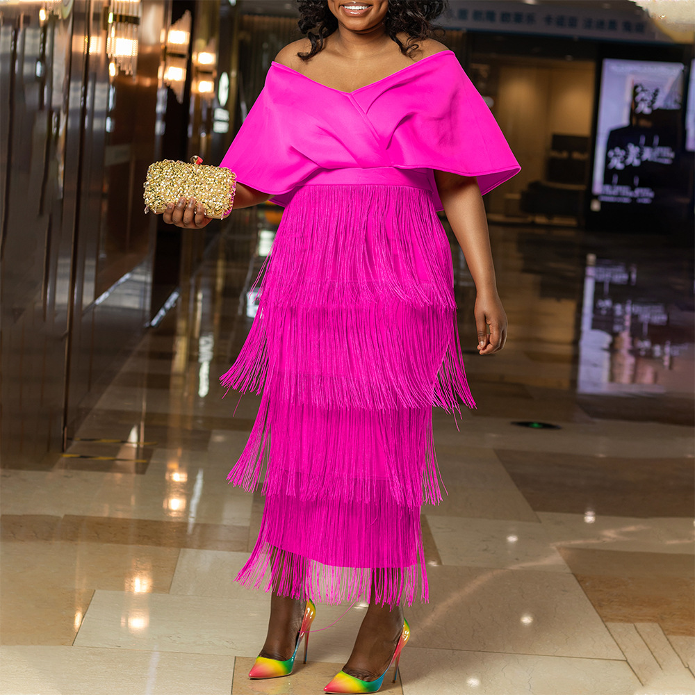 V-Neck Off-Shoulder Fringe Party Banquet Dress