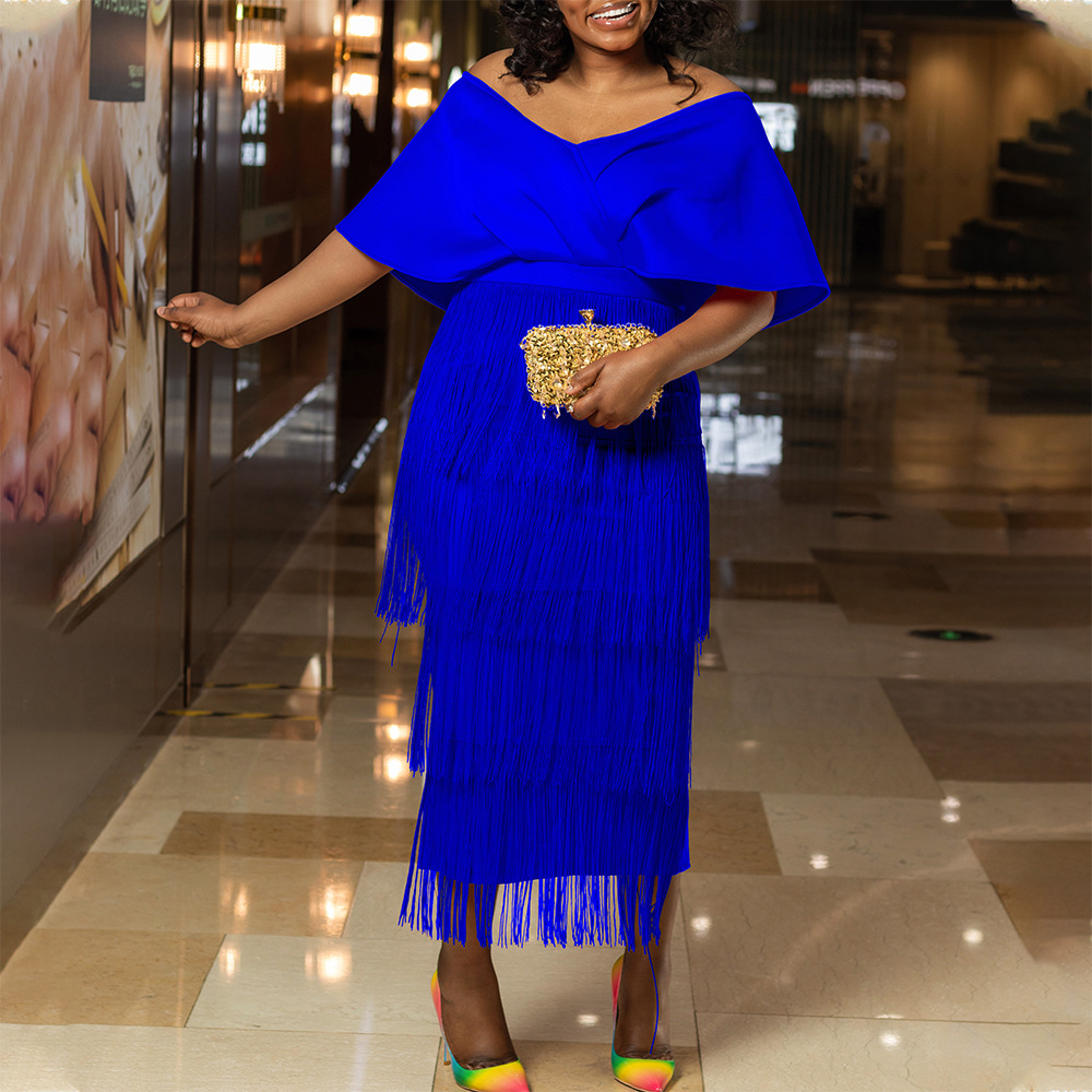 V-Neck Off-Shoulder Fringe Party Banquet Dress