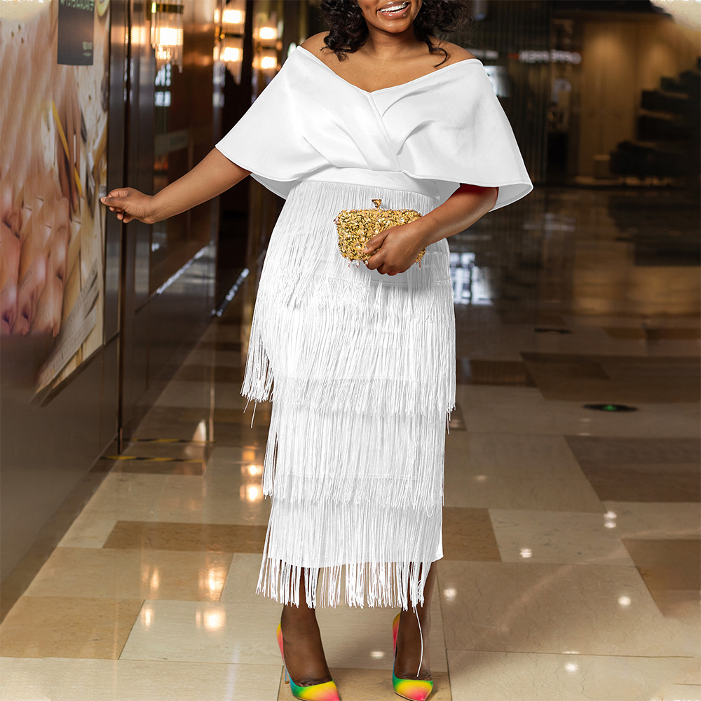 V-Neck Off-Shoulder Fringe Party Banquet Dress