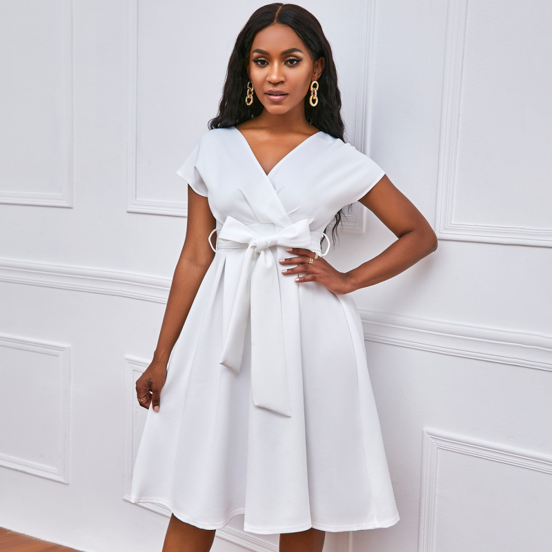 V-Neck Solid Color Waist Bow Tie Long Swing Dress