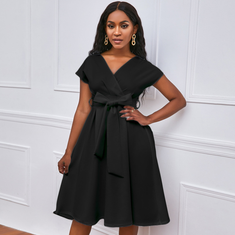 V-Neck Solid Color Waist Bow Tie Long Swing Dress