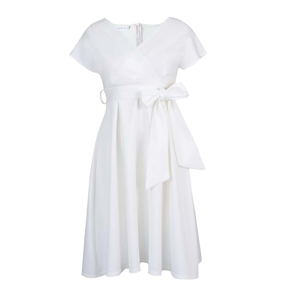 V-Neck Solid Color Waist Bow Tie Long Swing Dress