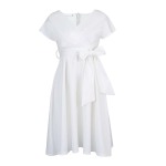 V-Neck Solid Color Waist Bow Tie Long Swing Dress