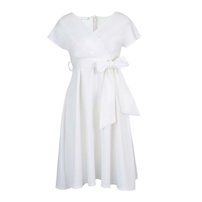 V-Neck Solid Color Waist Bow Tie Long Swing Dress 02