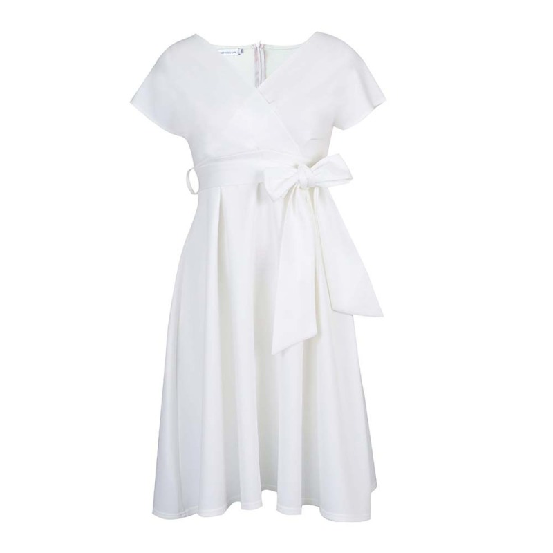 V-Neck Solid Color Waist Bow Tie Long Swing Dress
