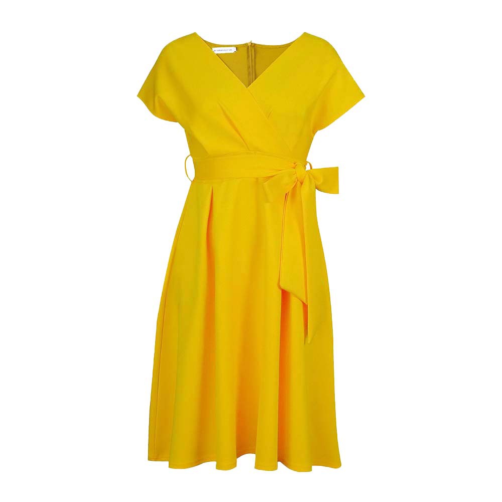 V-Neck Solid Color Waist Bow Tie Long Swing Dress