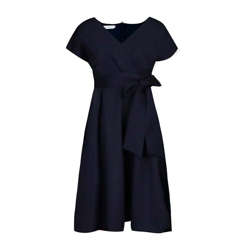 V-Neck Solid Color Waist Bow Tie Long Swing Dress