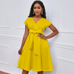 V-Neck Solid Color Waist Bow Tie Long Swing Dress