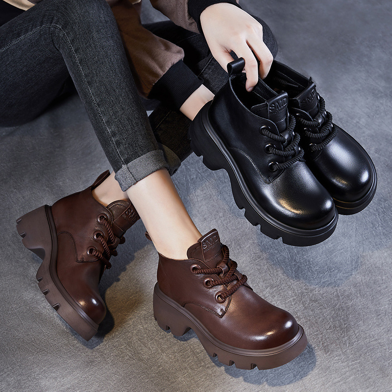 Women's Leather Boots Thick Sole Lace-Up