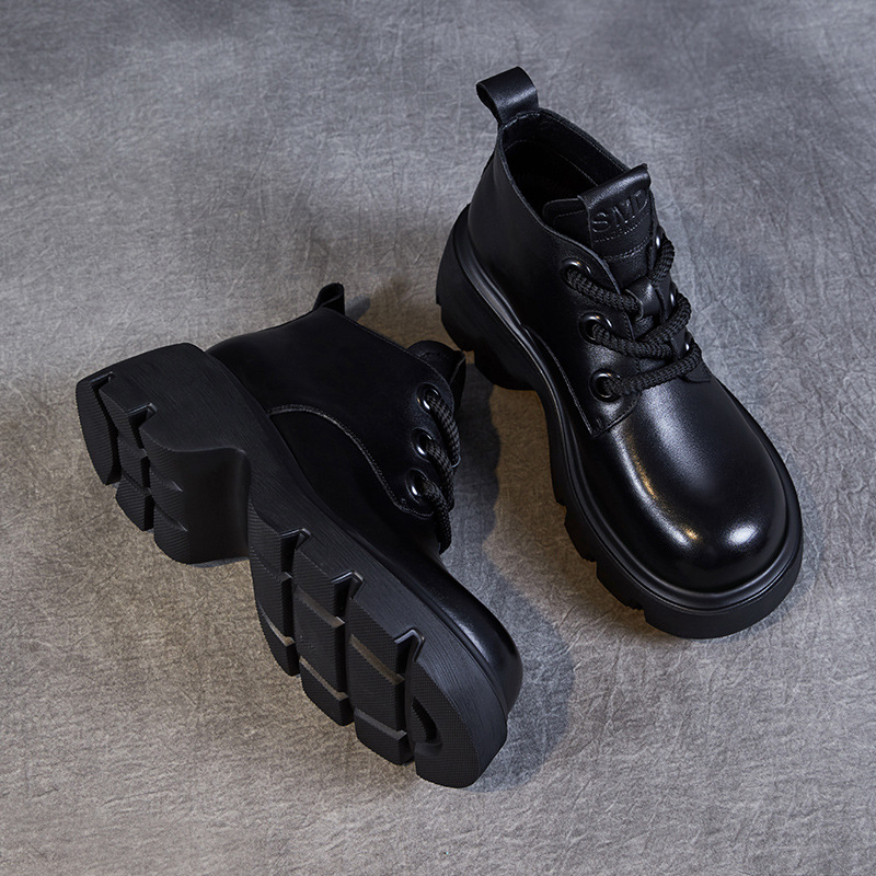 Women's Leather Boots Thick Sole Lace-Up
