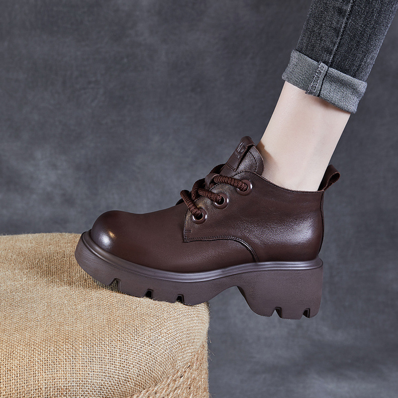 Women's Leather Boots Thick Sole Lace-Up