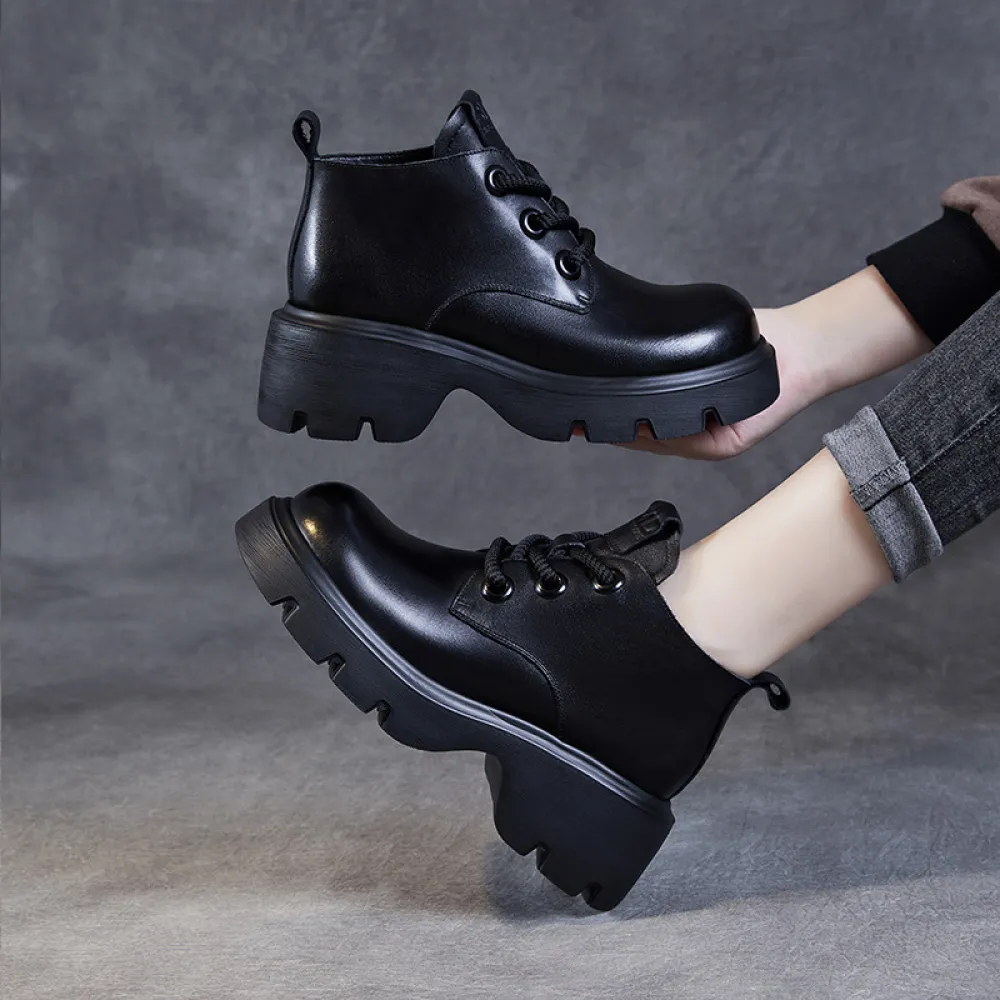 Women's Leather Boots Thick Sole Lace-Up