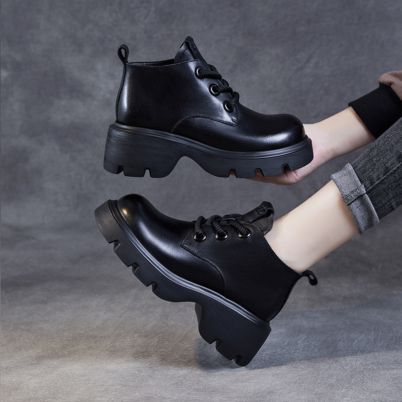 Women's Leather Boots Thick Sole Lace-Up