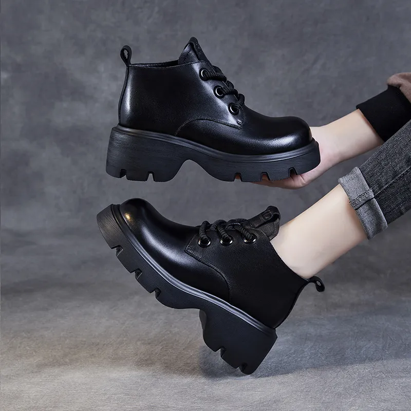 Women's Leather Boots Thick Sole Lace-Up