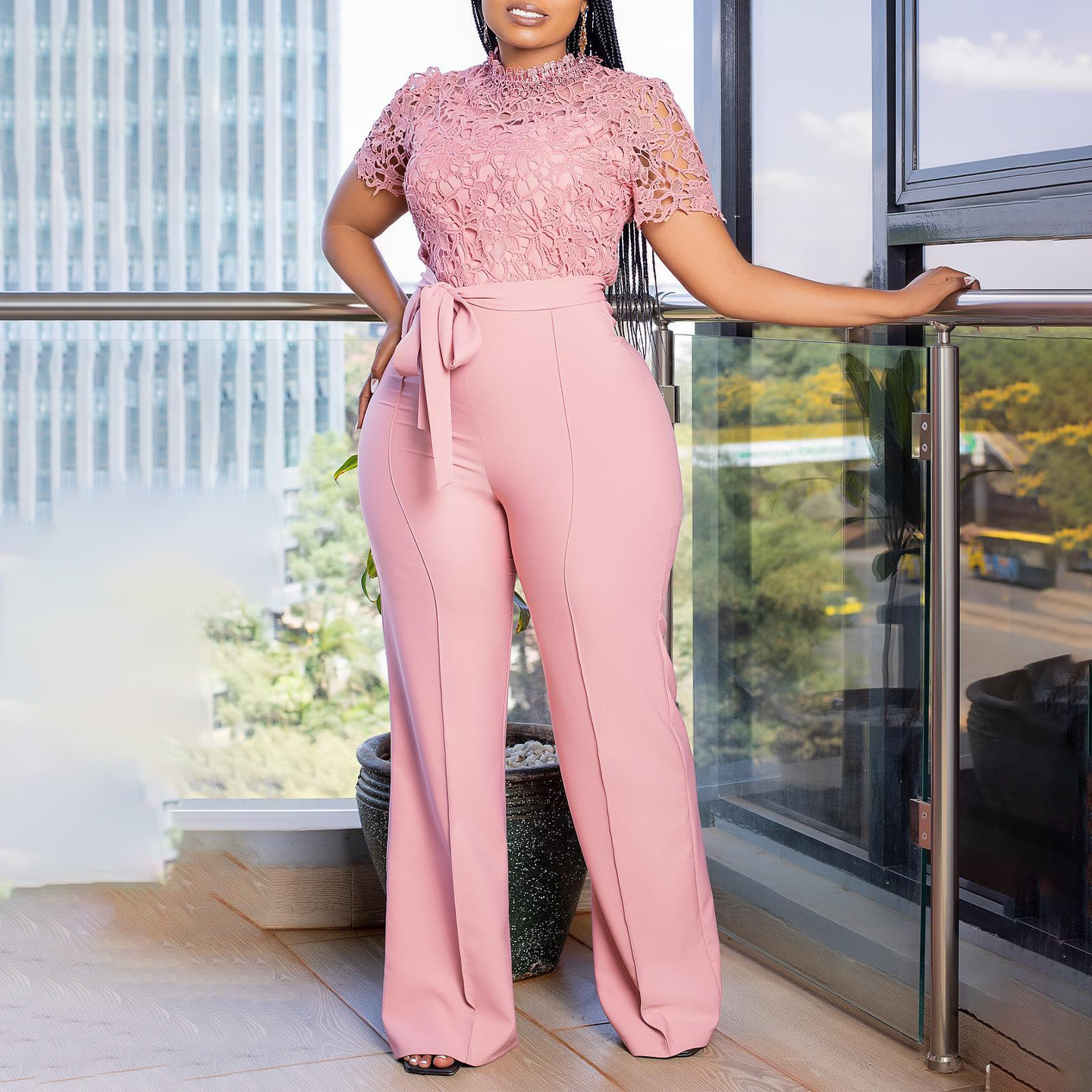 Lace Lace Cutout Short Sleeve Strap High Waist Wide Leg Jumpsuit