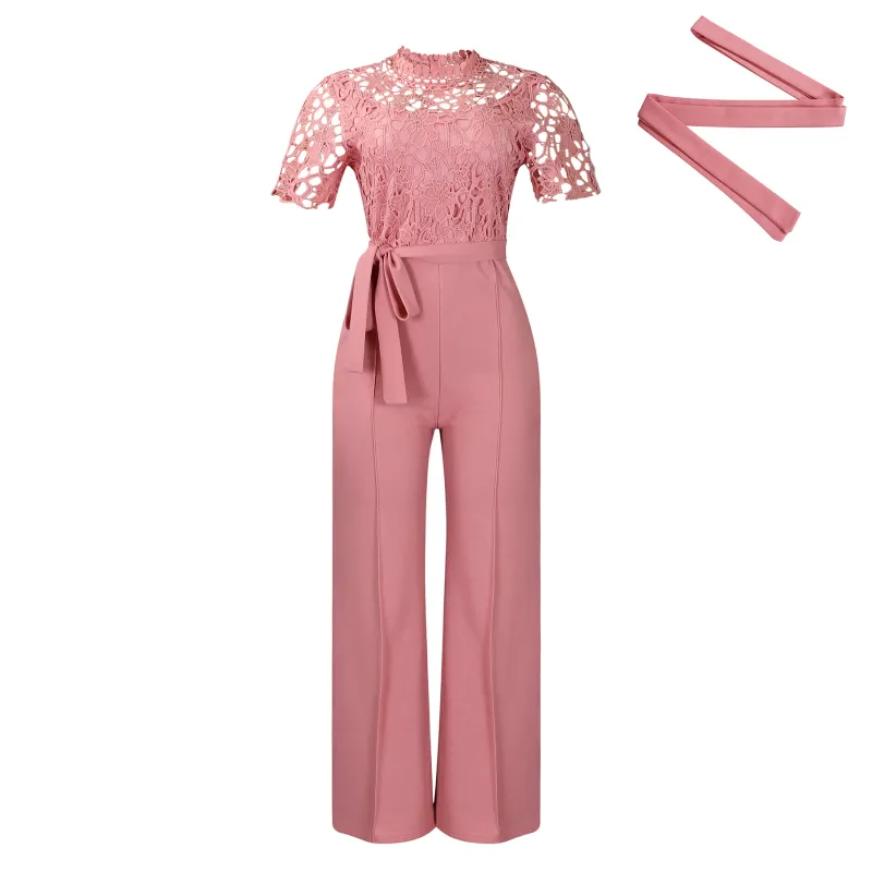 Lace Lace Cutout Short Sleeve Strap High Waist Wide Leg Jumpsuit