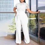 Lace Lace Cutout Short Sleeve Strap High Waist Wide Leg Jumpsuit