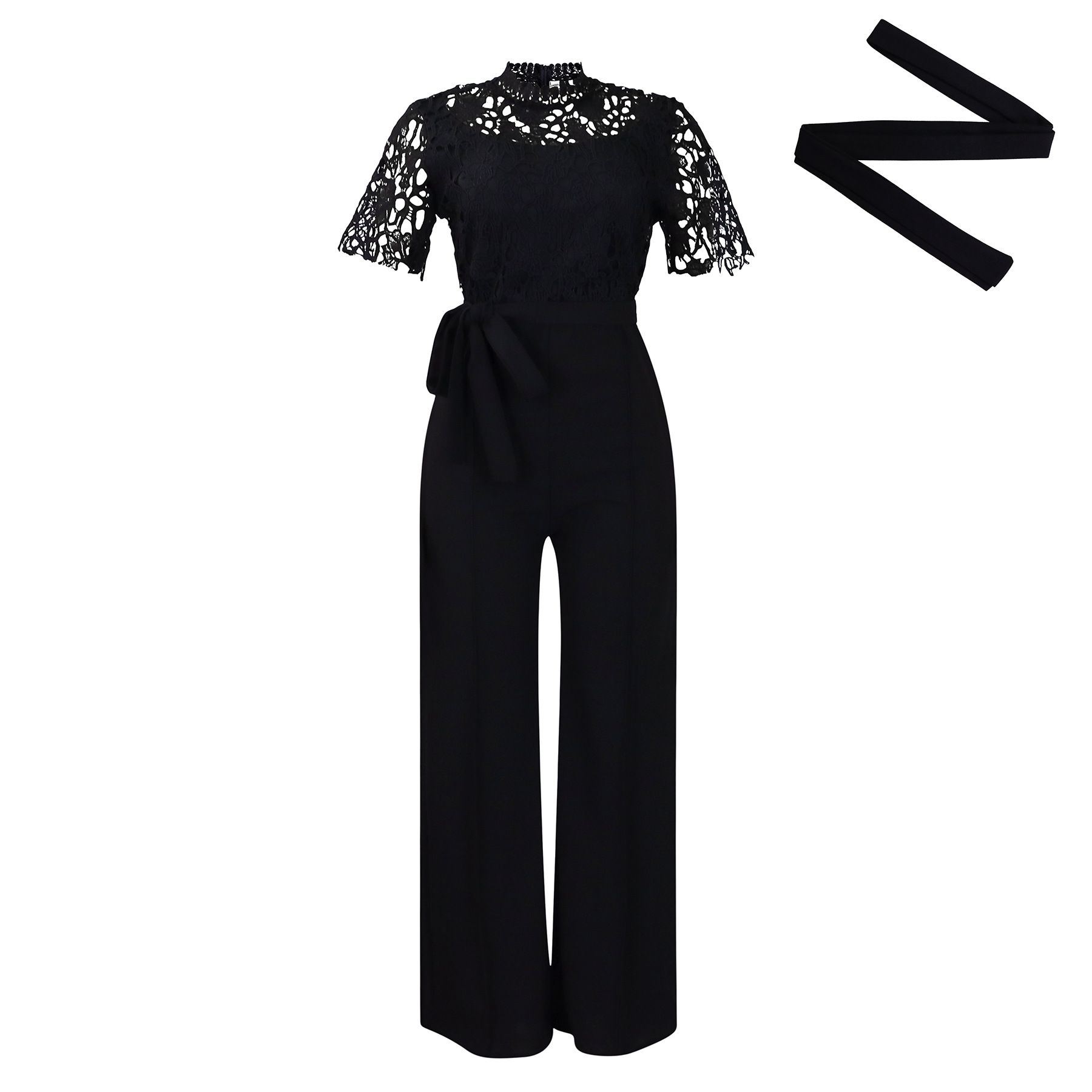 Lace Lace Cutout Short Sleeve Strap High Waist Wide Leg Jumpsuit