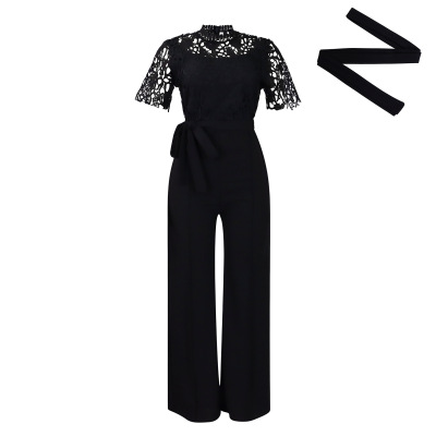 Lace Lace Cutout Short Sleeve Strap High Waist Wide Leg Jumpsuit 01