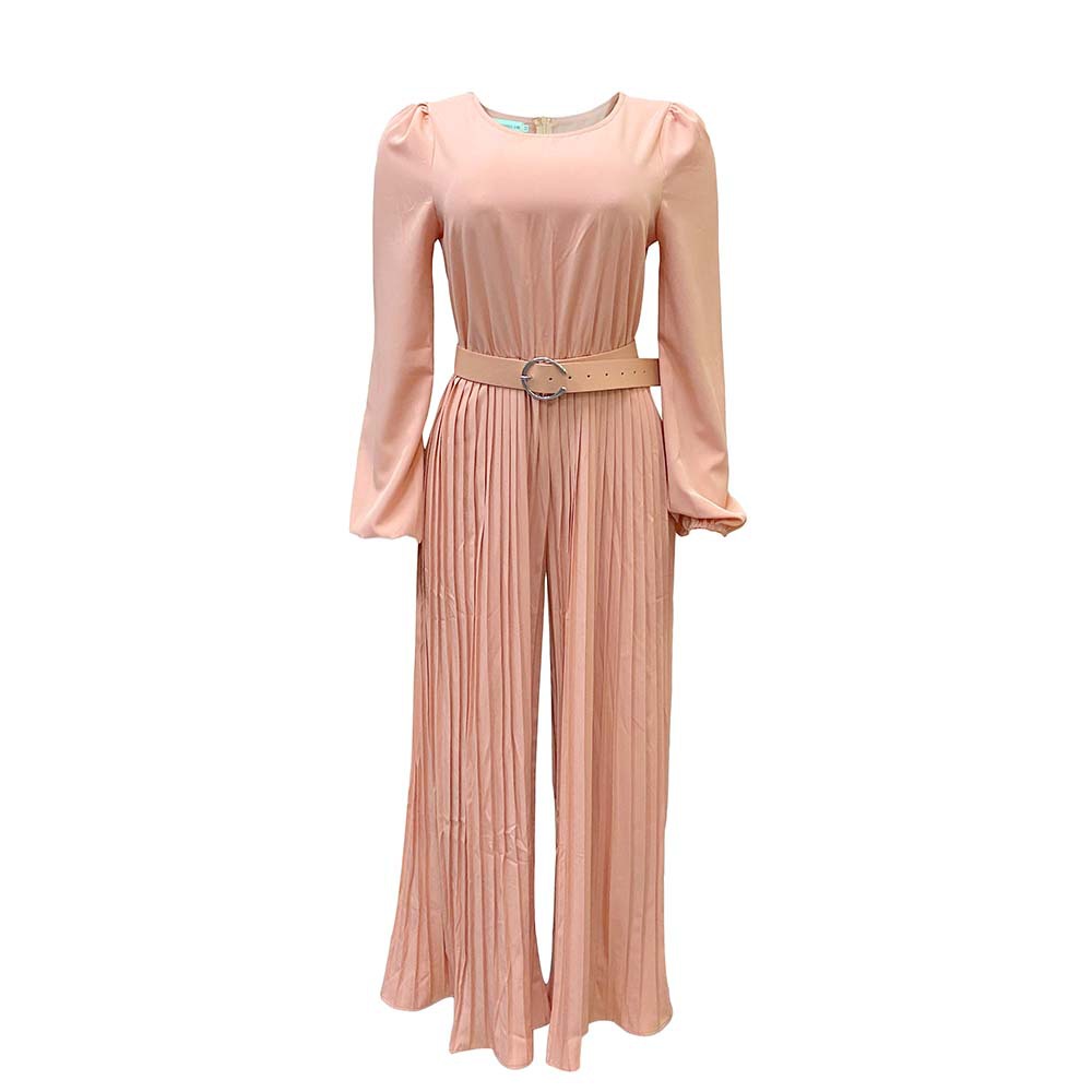 Solid Color Long Sleeve Pleated Slimming Jumpsuit