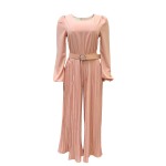 Solid Color Long Sleeve Pleated Slimming Jumpsuit