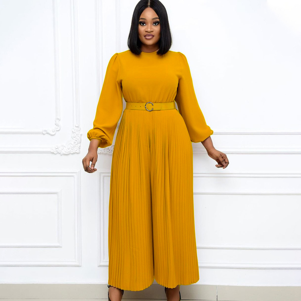 Solid Color Long Sleeve Pleated Slimming Jumpsuit