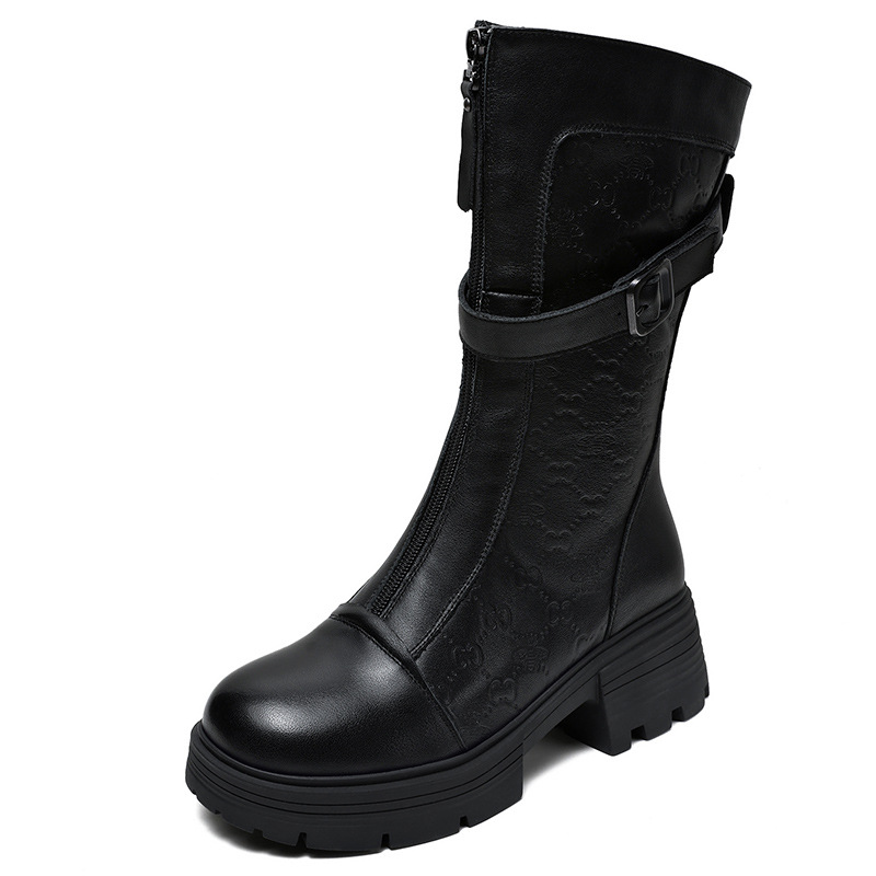 Cowhide Embossed Heavy-Soled Mid-Length Boots with Front Zipper