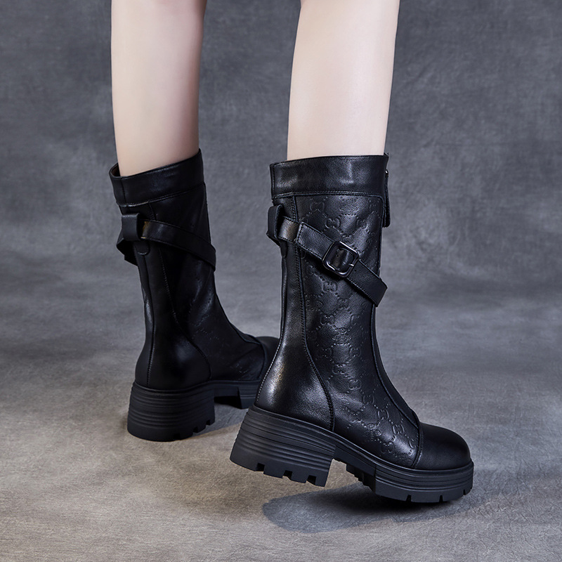 Cowhide Embossed Heavy-Soled Mid-Length Boots with Front Zipper