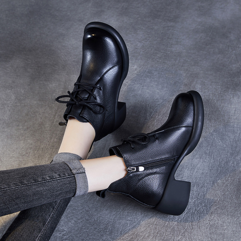 Cowhide Handmade Vintage Mid-Heel Ankle Boots for Women