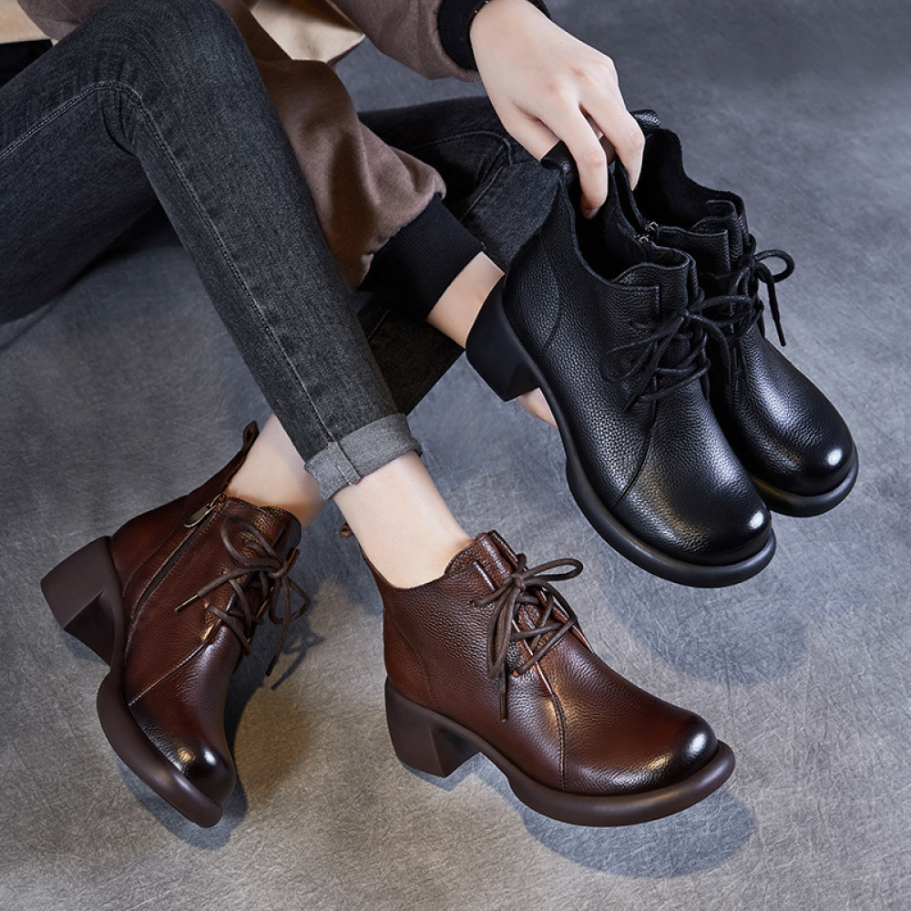 Cowhide Handmade Vintage Mid-Heel Ankle Boots for Women
