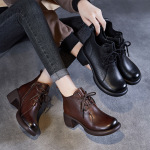 Cowhide Handmade Vintage Mid-Heel Ankle Boots for Women