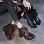 Cowhide Handmade Vintage Mid-Heel Ankle Boots for Women