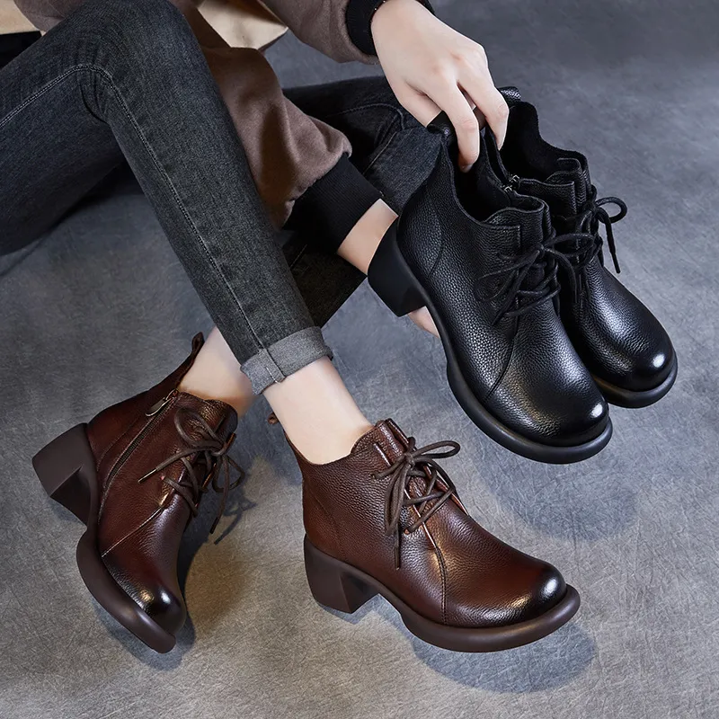 Cowhide Handmade Vintage Mid-Heel Ankle Boots for Women