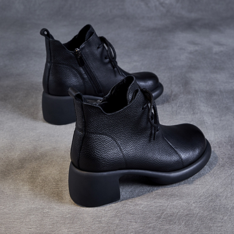 Cowhide Handmade Vintage Mid-Heel Ankle Boots for Women