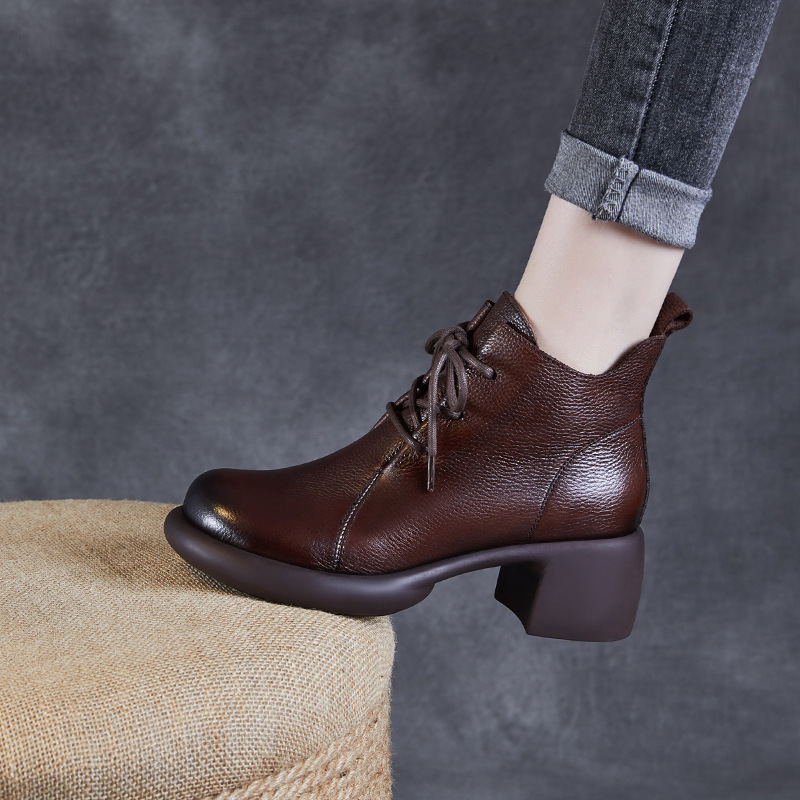 Cowhide Handmade Vintage Mid-Heel Ankle Boots for Women