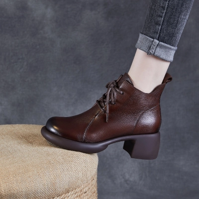 Cowhide Handmade Vintage Mid-Heel Ankle Boots for Women 02